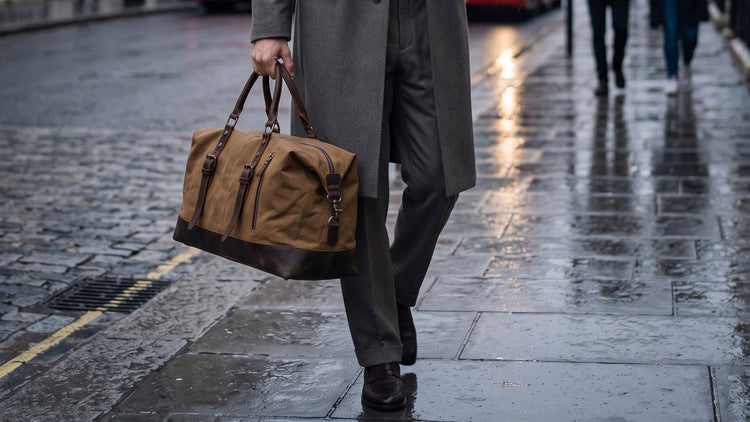 man carrying a waxed canvas and leather holdall in the rain, London